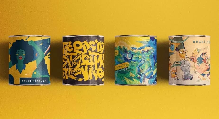 Brasileiragem collectible cans, each wrapped in original art by a Brazilian artist