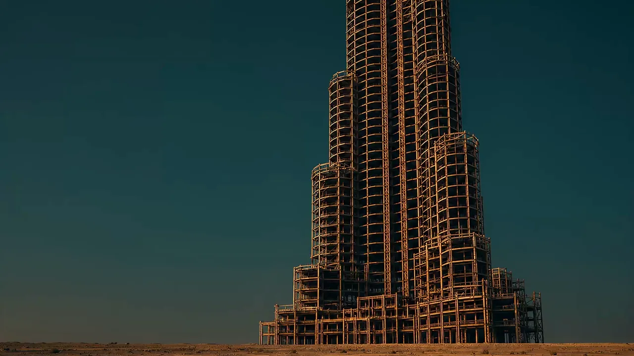 A tower under construction at dusk in Dubai, from steel skeleton to completed glass icon